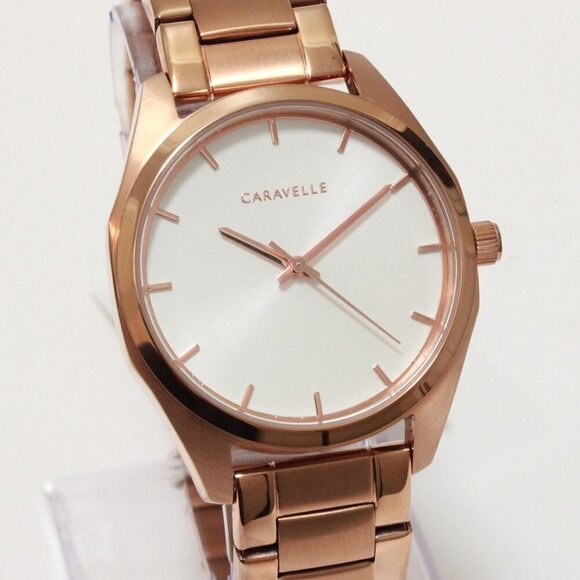 Bulova Accessories - Caravelle Ladies Minimalist Watch By Bulova Rose Gold White Sun-ray Dial 36mm